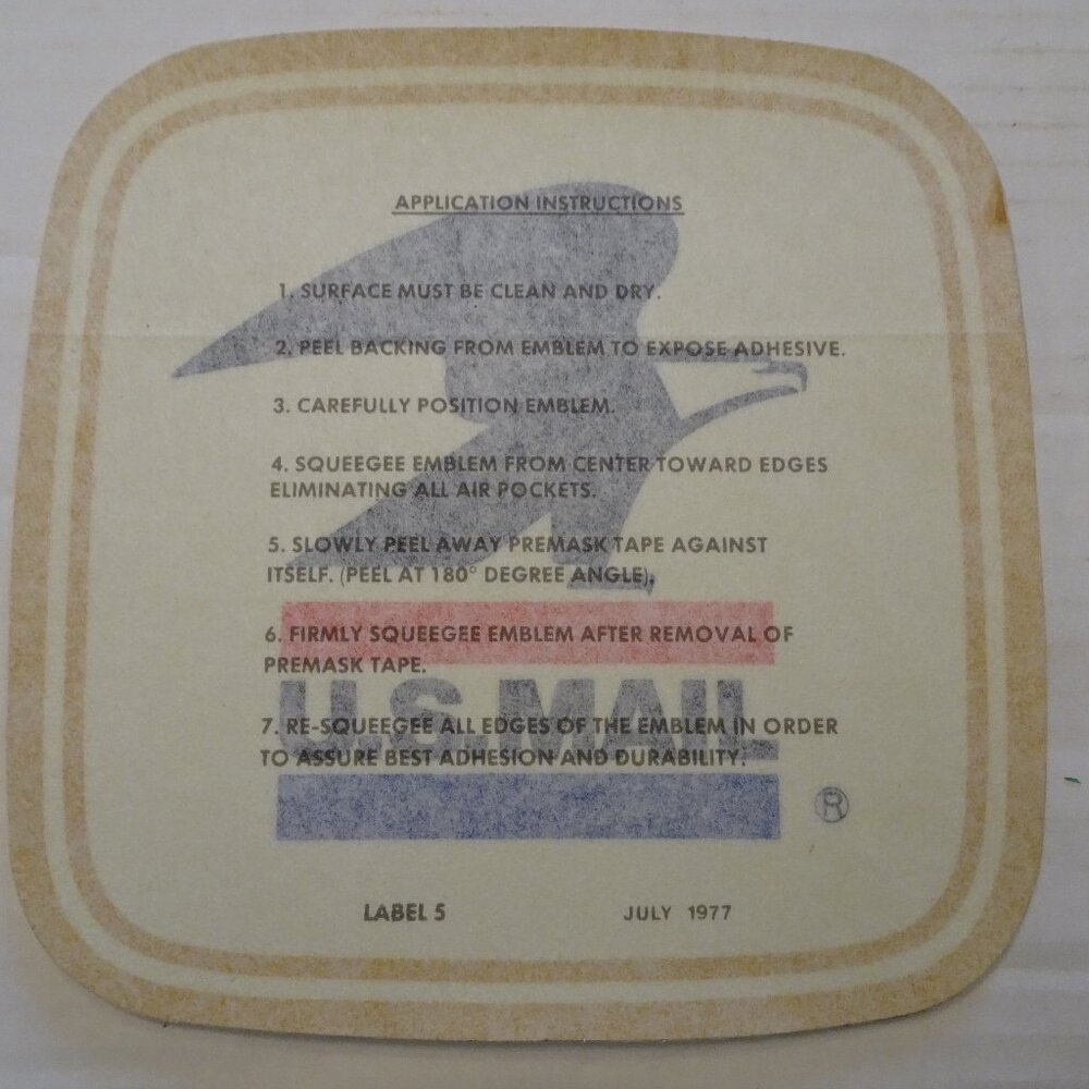 USPS Mail Vehicle - Decal - Label #5 July 1977 - 8" x 8" - New - 7 Black Instruc